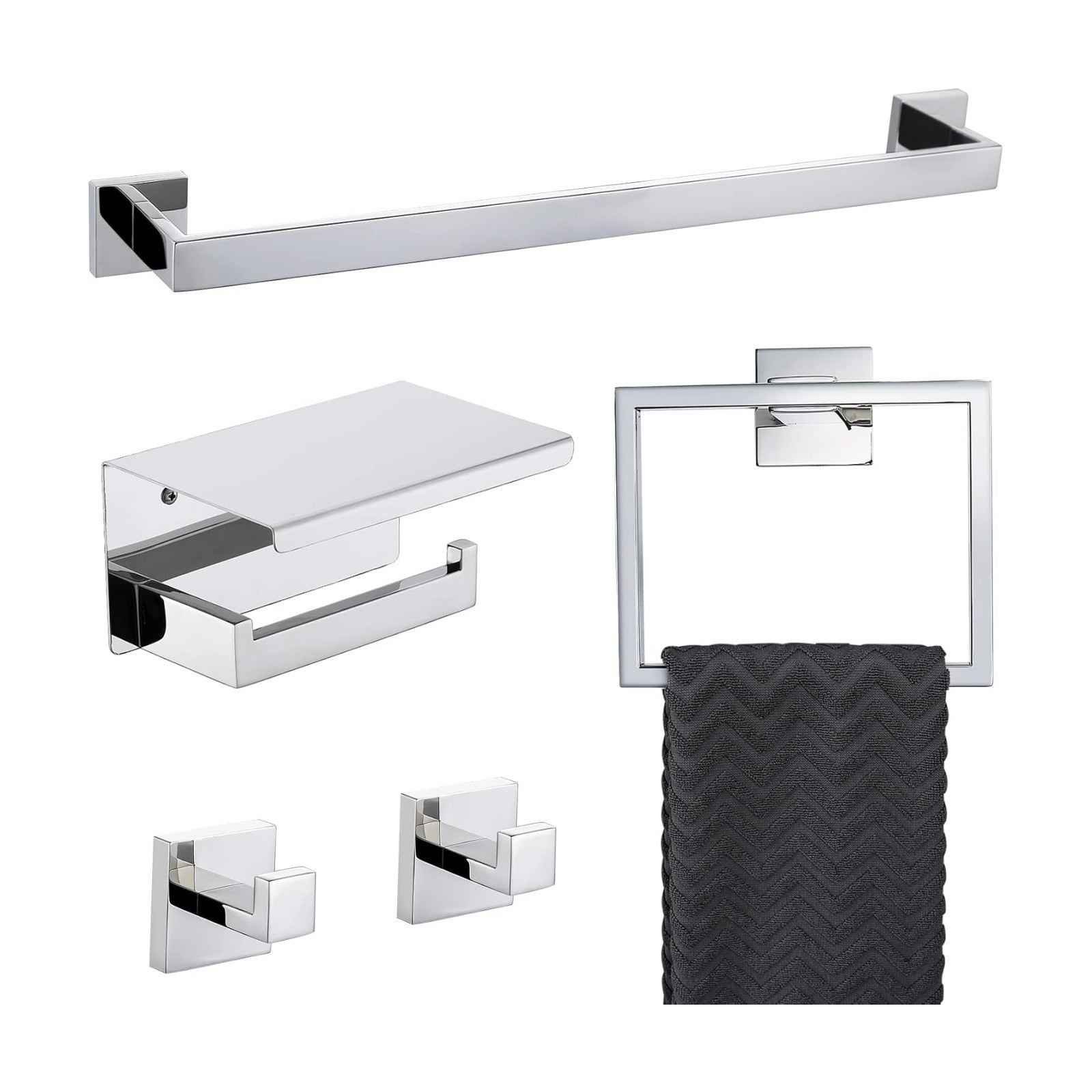 Bathroom Towel Bar Set Toilet Paper Holder with Shelf, Polished Chrome Bathroom Accessories Set, 23.6 Inch Towel Bar