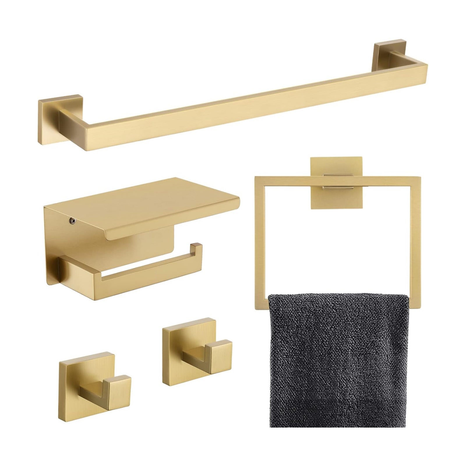 5-Piece Bathroom Hardware Set 23.6 Inch Gold Towel Bar Set Towel Bar Towel Ring Coat Hook and Toilet Paper Holder with