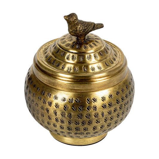 Round Hammered Metal Container / Bird