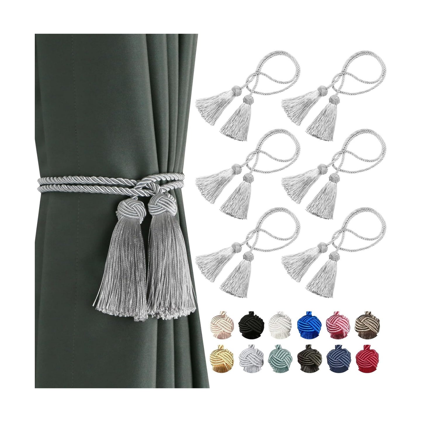 BEL AVENIR 6 Pack Handmade Rope Tassel Curtain Tiebacks | Decorative Curtain Holdbacks with Tassel (Silver, 6 Pack)