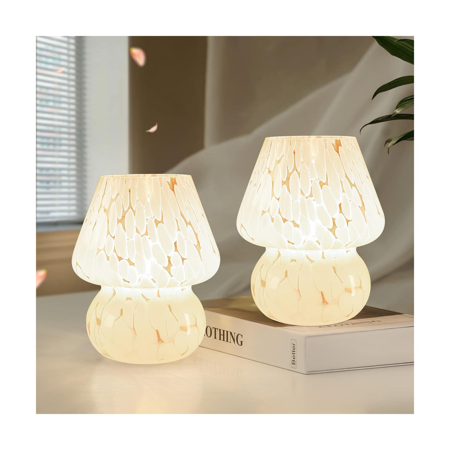 ONEWISH Cute Mushroom Lamp Small Bedside Table Lamp Set of 2 Stepless Dimmable, Translucent Glass White Nightstand Lamp