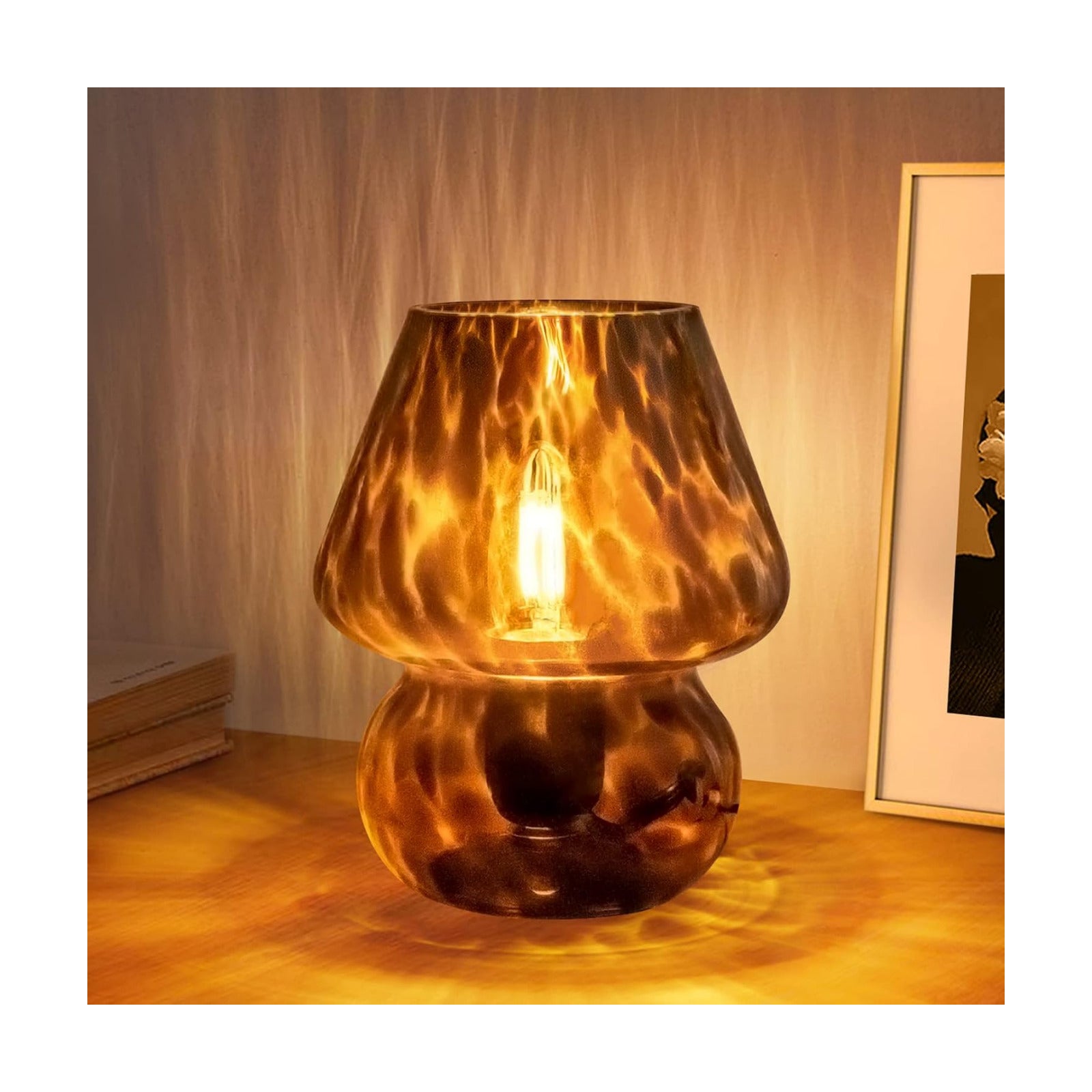 ONEWISH Mushroom Lamp Small Vintage Table Lamp for Bedroom Nightstand, Bedside Lamp Translucent Glass Stepless