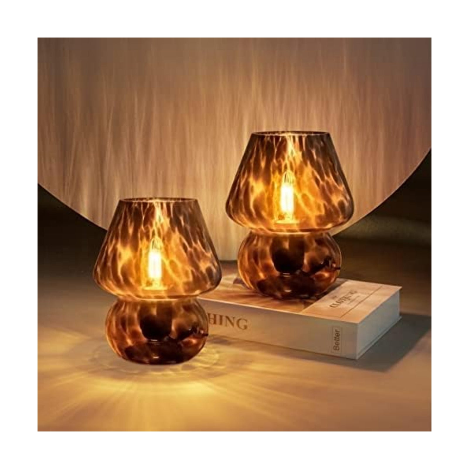 ONEWISH Mushroom Lamp Small Vintage Table Lamp for Bedroom Set of 2, Nightstand Bedside Lamp Translucent Glass