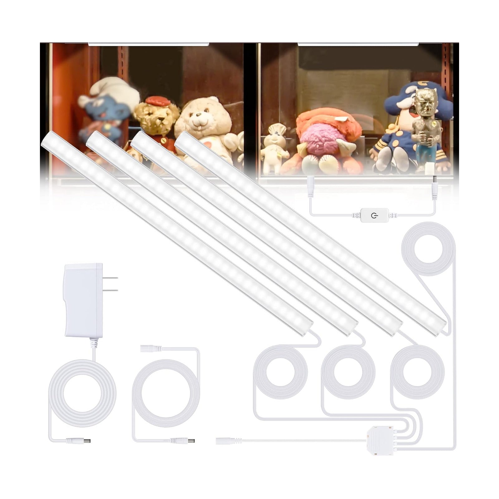 JUSJUBR 4-Pack Cold White Display Shelf Lights, Under Shelf Lighting with Memory Function, 12 Inch 6000K Plug-in