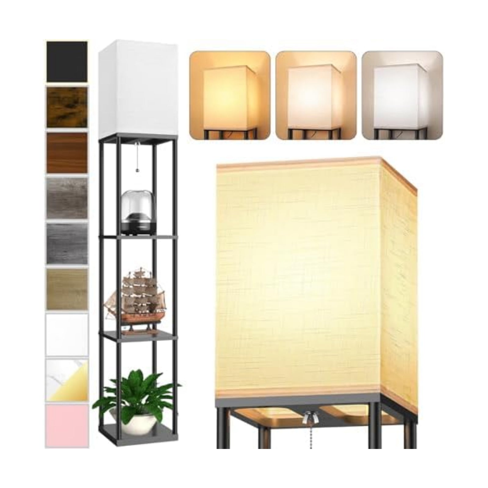 Floor Lamp with Shelves for Living Room, Shelf Floor Lamp with 3 CCT LED Bulb, Corner Display Standing Column Lamp