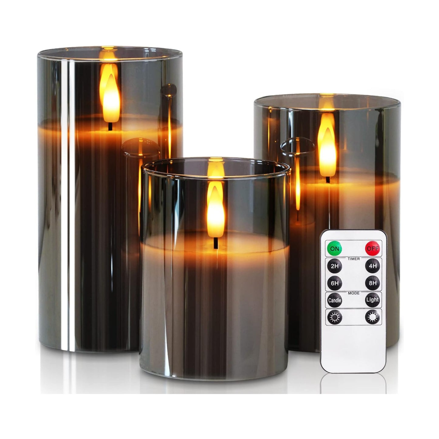 Homemory Grey Glass Flameless Candles, Real Wax, Remote Timer, 3 Pack | D3"xH4"5"6", battery operated flickering LED