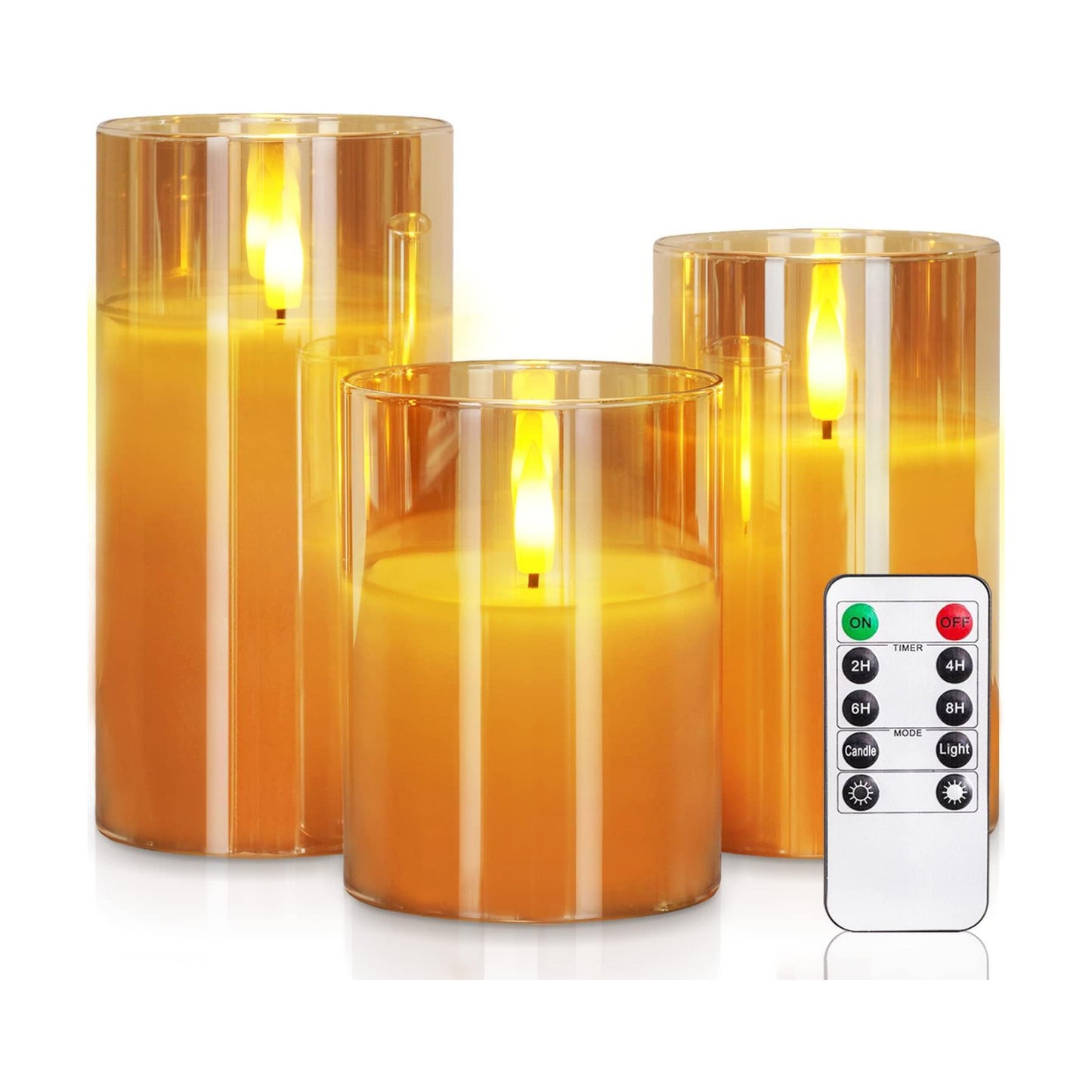 Homemory Amber Glass Flameless Candles, Real Wax, Remote Timer, 3 Pack | D3"xH4"5"6", battery operated flickering LED