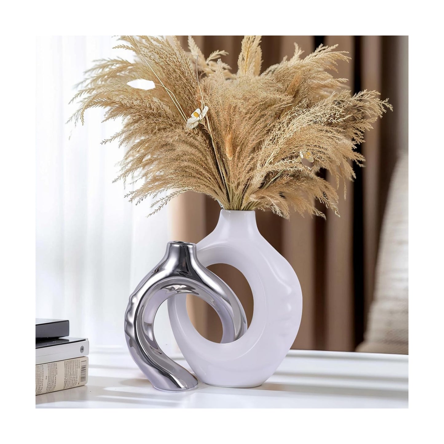 Round Boho Vase for Pampas Grass / White Silver / Set of 2