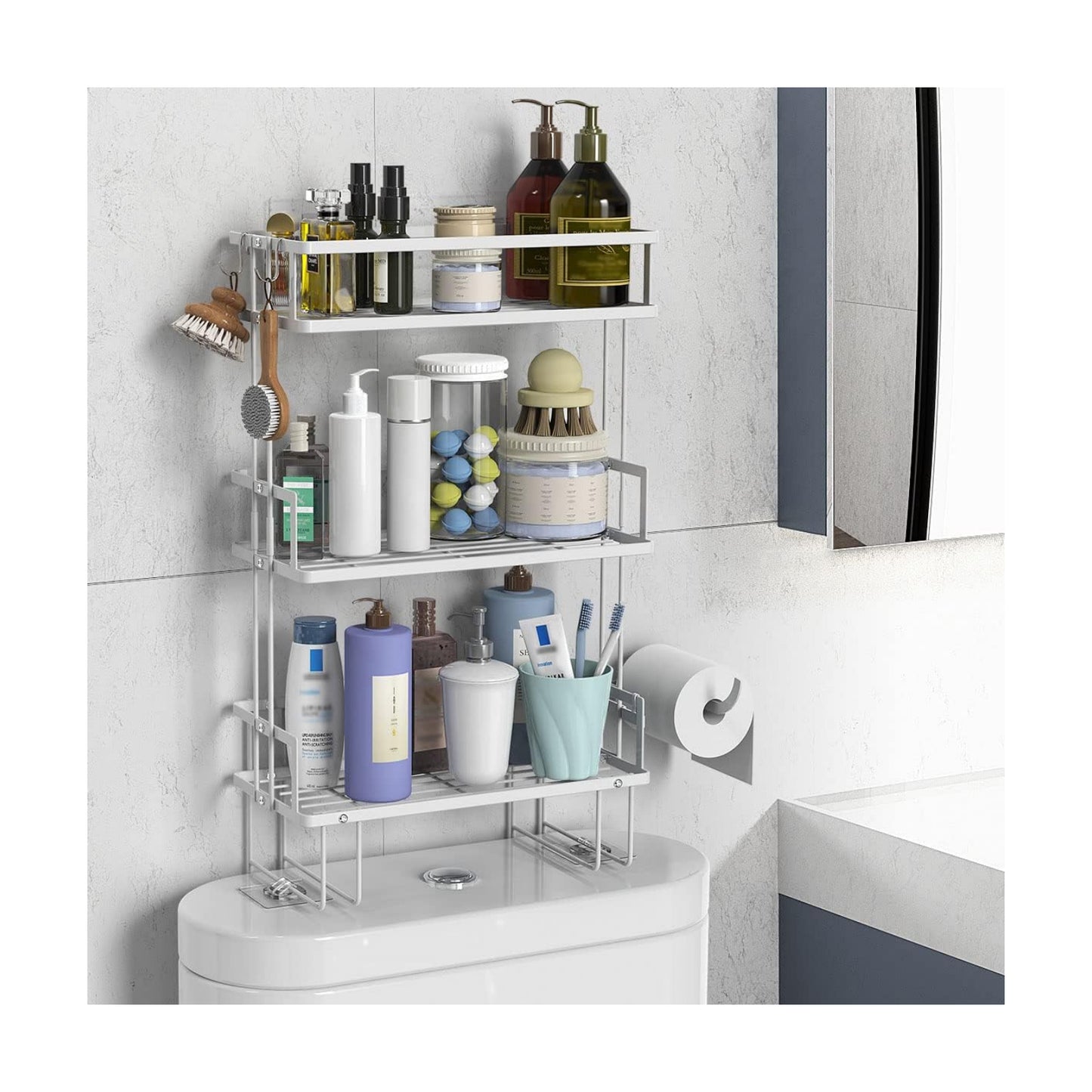 FLOLXNB Over The Toilet Storage,3-Tier Bathroom Organizer Shelves with Paper Holder, Multifunctional Toilet Rack,No