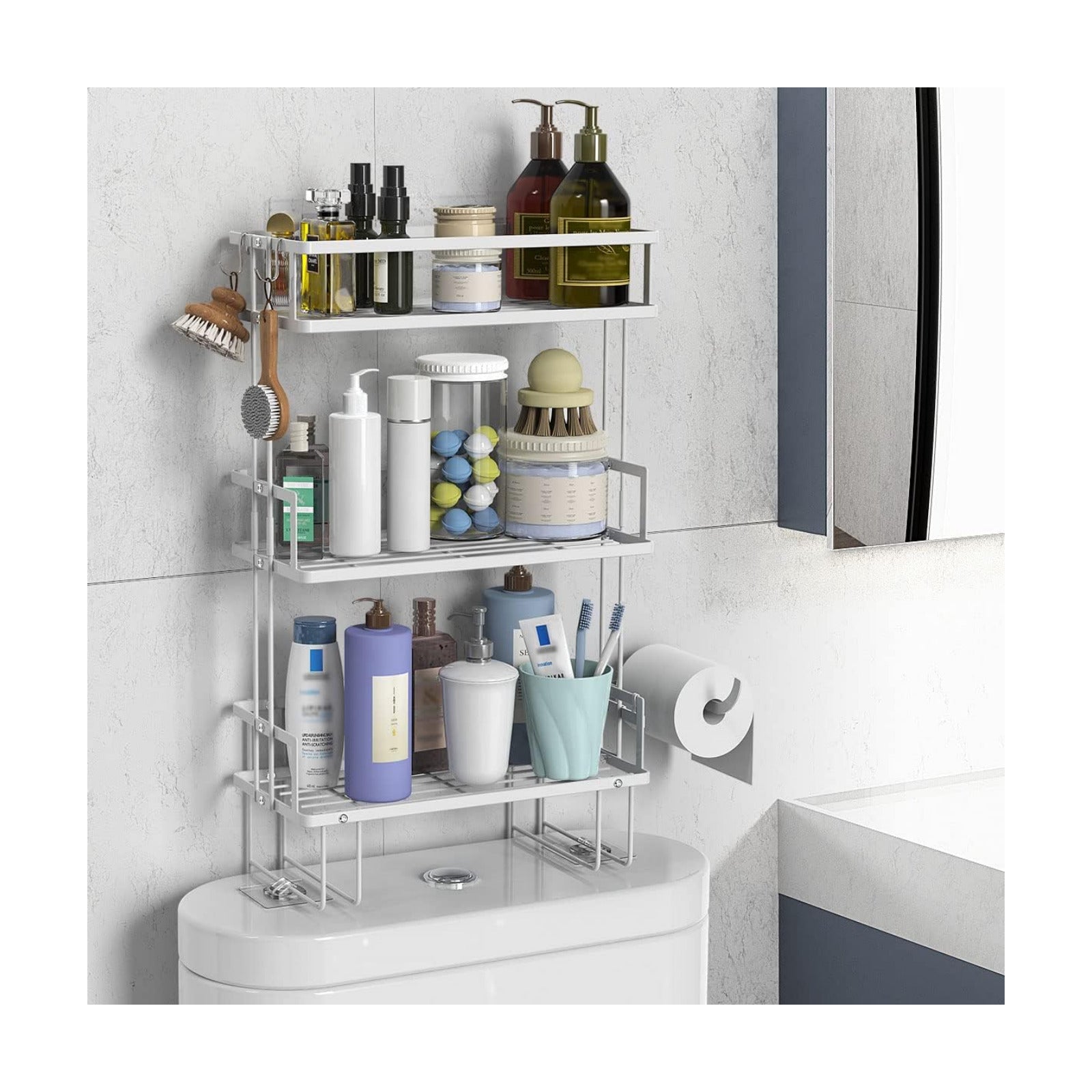 FLOLXNB Over The Toilet Storage,3-Tier Bathroom Organizer Shelves with Paper Holder, Multifunctional Toilet Rack,No