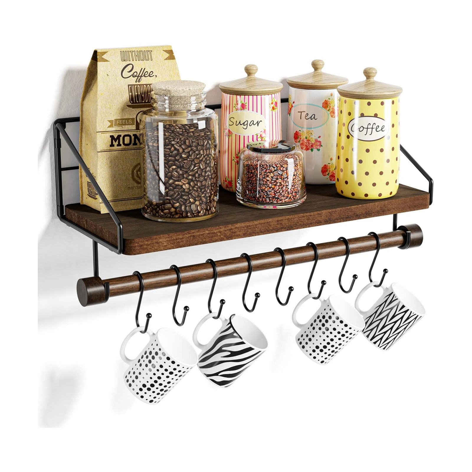 Alsonerbay Floating Shelf Coffee Bar Shelf with Towel Bar, Dark Brown | 8 removable hooks, solid wood, space-saving