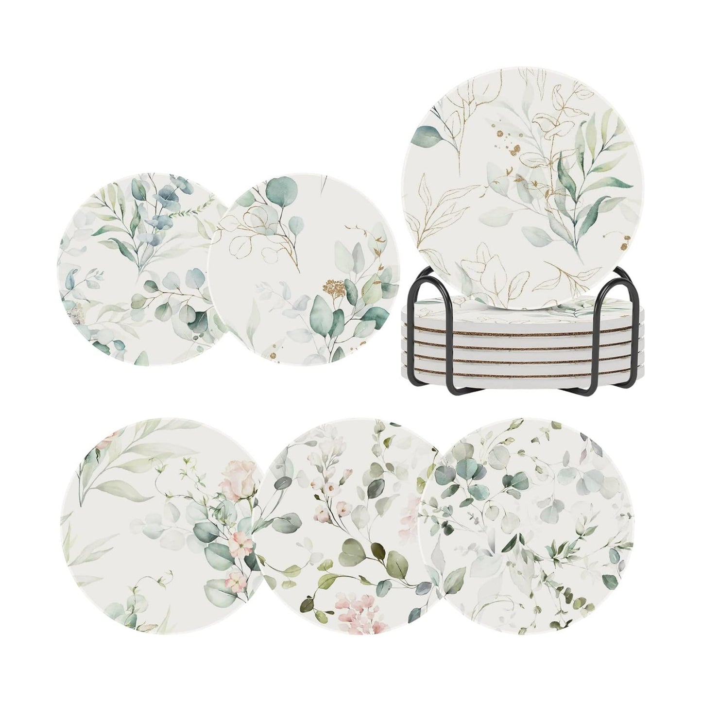 Holder / Coasters for Drinks Absorbent / Abstract Watercolor Floral Green Leaves