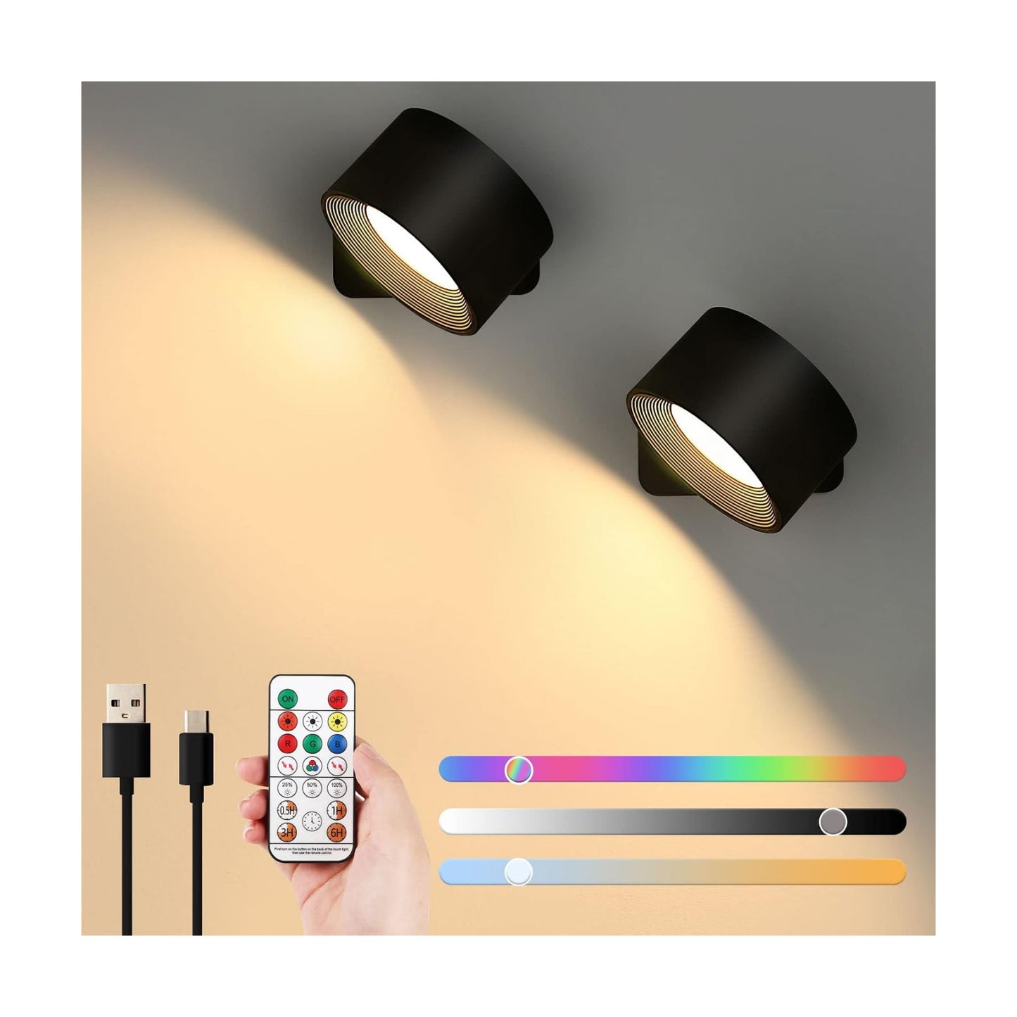 Lightess 2PC LED Wall Sconces, 19 Colors Dimmable Wall Mounted Lamp with 5000mAh Rechargeable Battery, 360°Rotate
