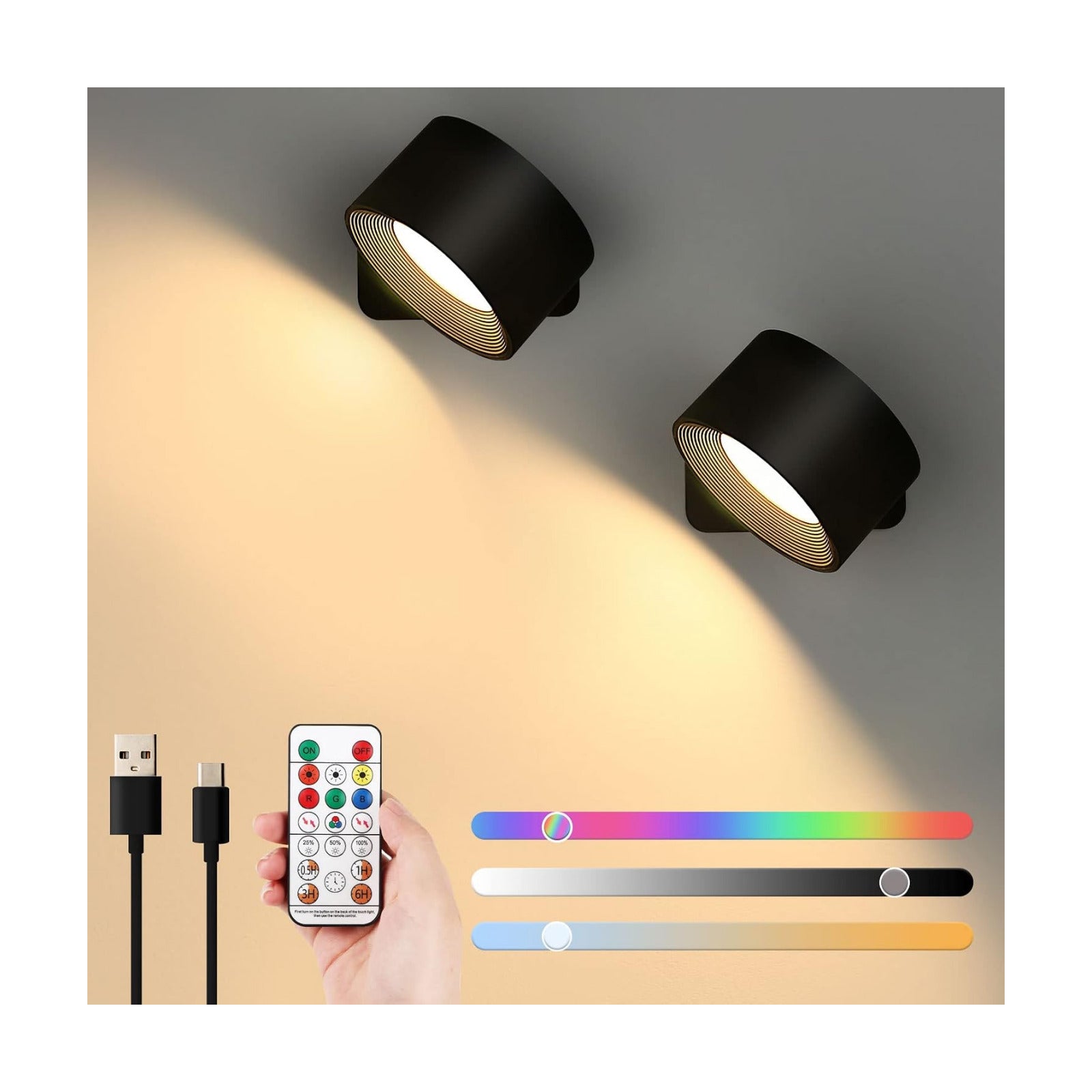 Lightess 2PC LED Wall Sconces, 19 Colors Dimmable Wall Mounted Lamp with 5000mAh Rechargeable Battery, 360°Rotate
