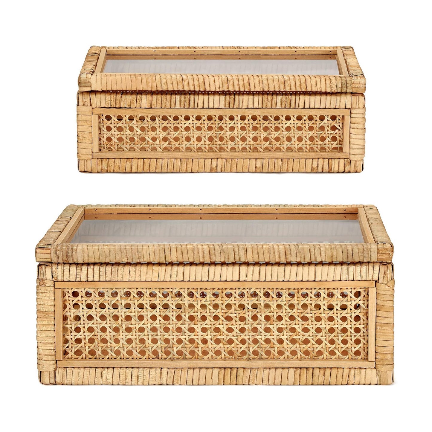Glass Lids Decorative Woven Cane Boxes Multipurpose Square Basket / Set of 2