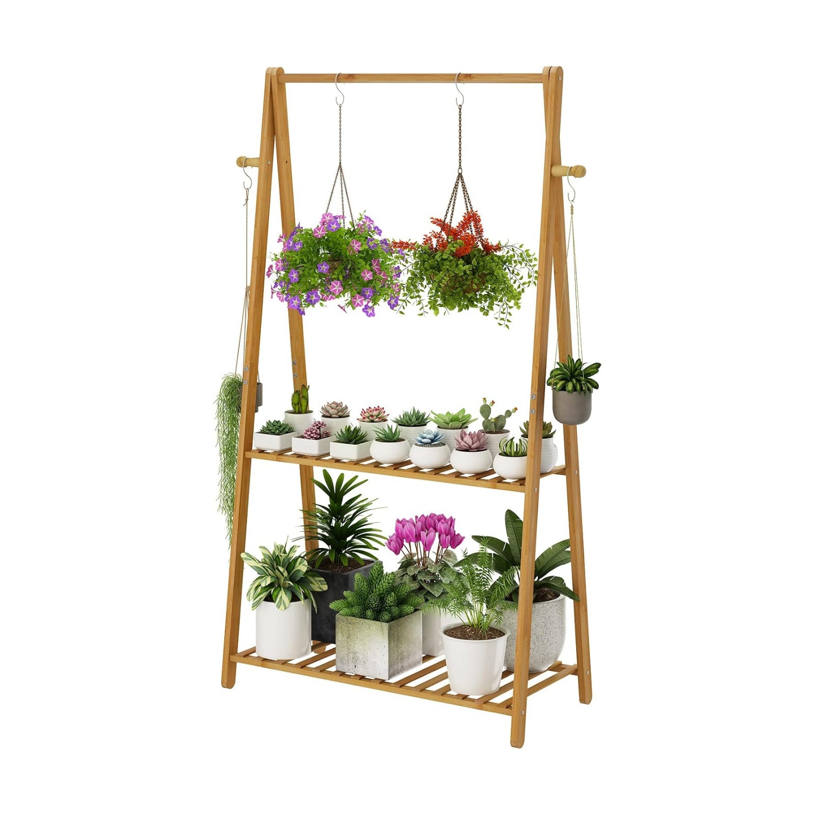 Hanging Plant Shelf Indoor Outdoor Bamboo Wood Plant Flower Stands | 2 Tiered Bamboo Plant Shelves Flower Holder A