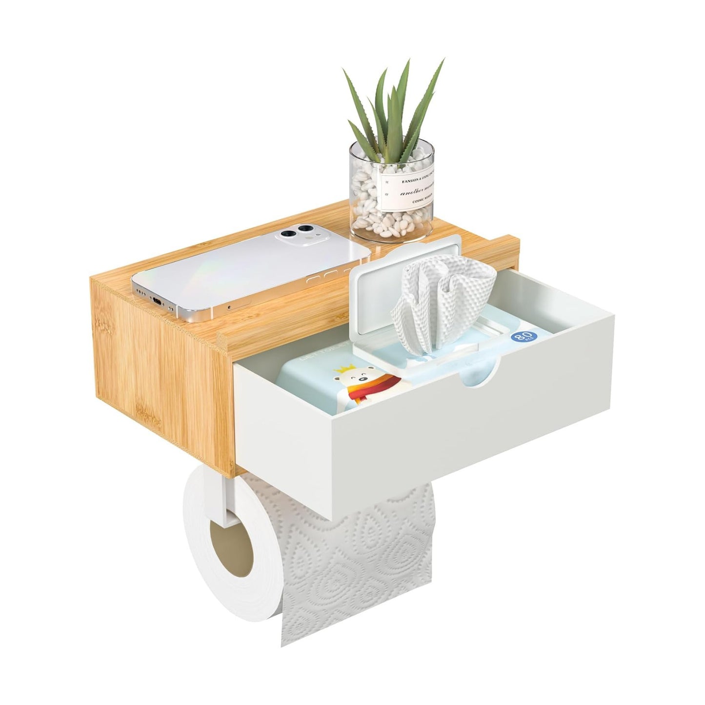 Domax Toilet Paper Holder with Shelf,Wall Mount/Adhesive Bathroom Toilet Paper Holder,Bamboo Wood Tissue Toilet Roll