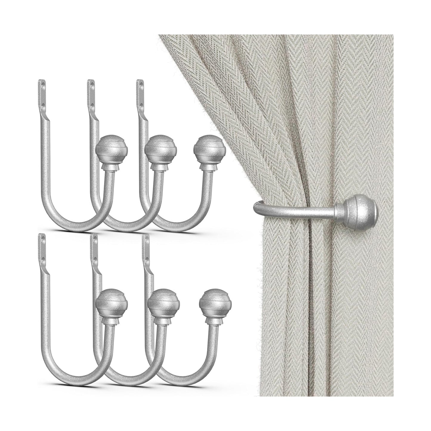 Hion Curtain Holdbacks Silver 6pcs, Curtain Tiebacks Wall Mounted Hooks | Curtain Holders for Drapes, One-Piece Metal