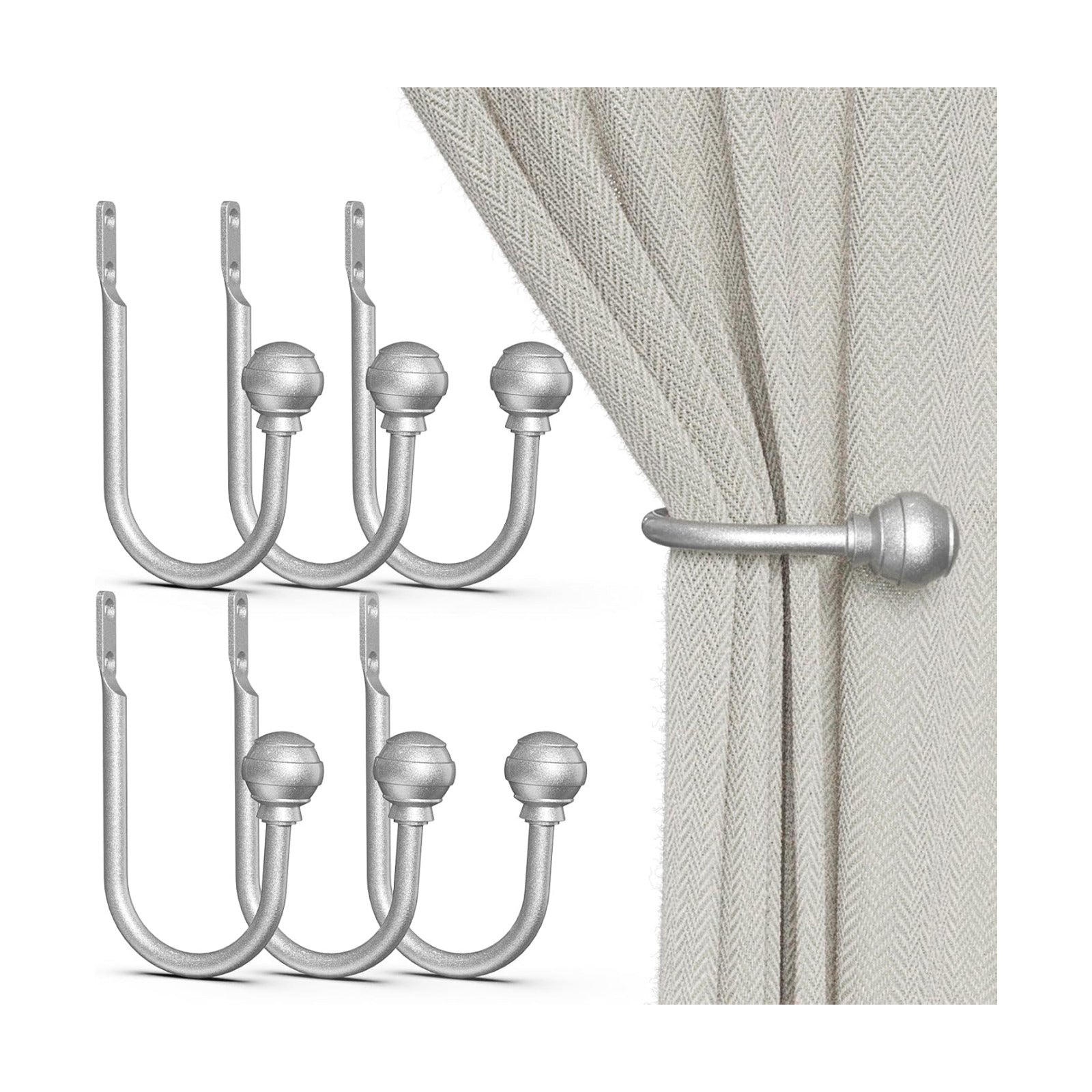 Hion Curtain Holdbacks Silver 6pcs, Curtain Tiebacks Wall Mounted Hooks | Curtain Holders for Drapes, One-Piece Metal