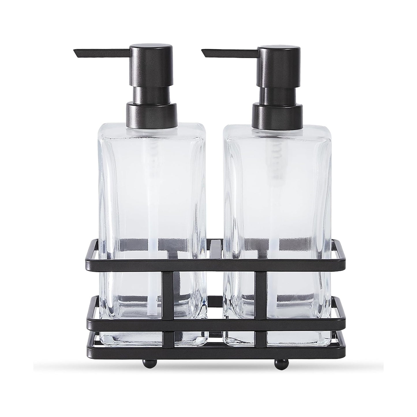 Square Glass Clear Lotion and Soap Pump Dispenser Set with Metal Stand Caddy for Bathroom Bath Kitchen Home Office