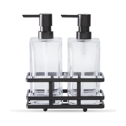 Square Glass Clear Lotion and Soap Pump Dispenser Set with Metal Stand Caddy for Bathroom Bath Kitchen Home Office