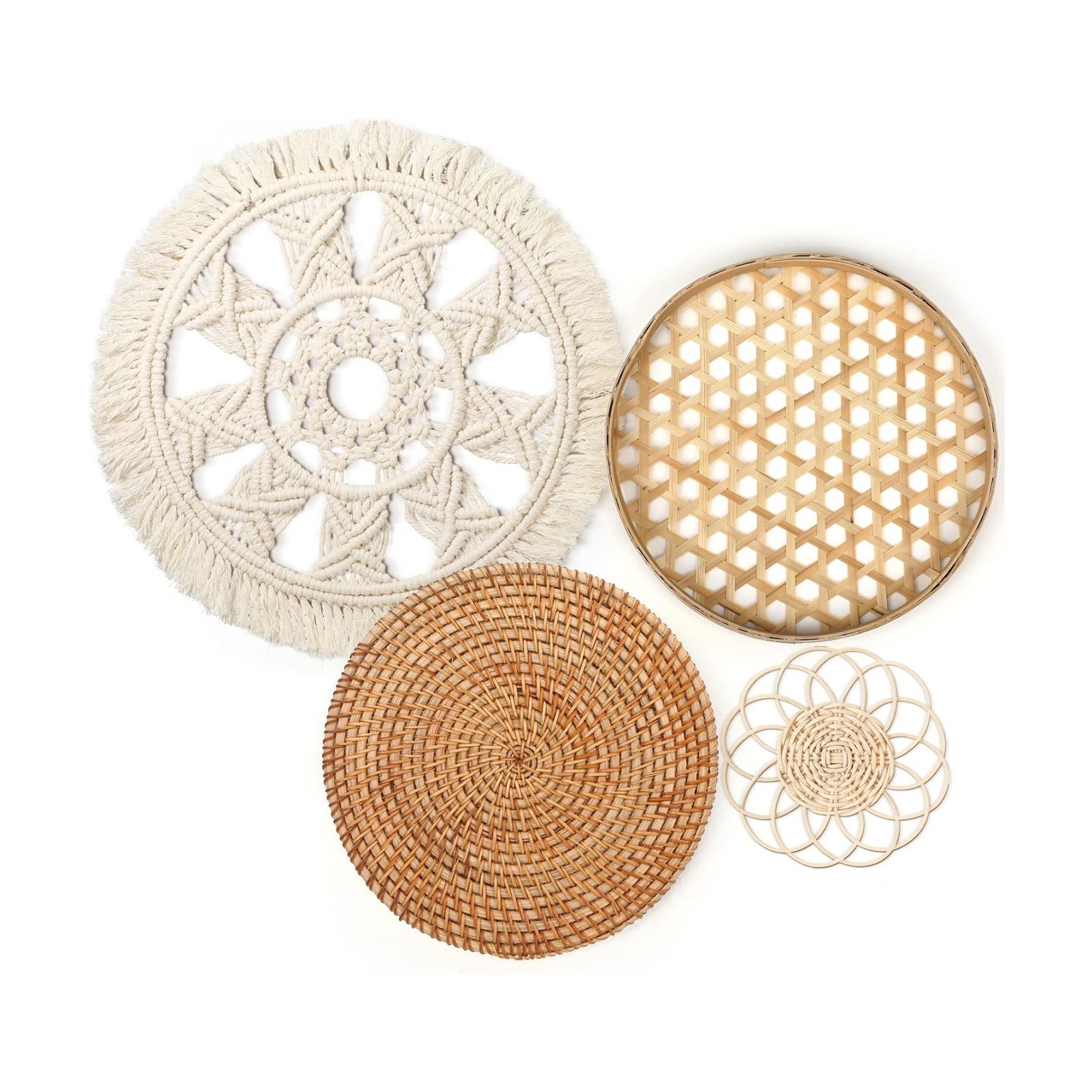 Boho Wall Basket Decor Round Rattan Hollow Bamboo Baskets Flower Shape Flat Woven Wall / Set of 4