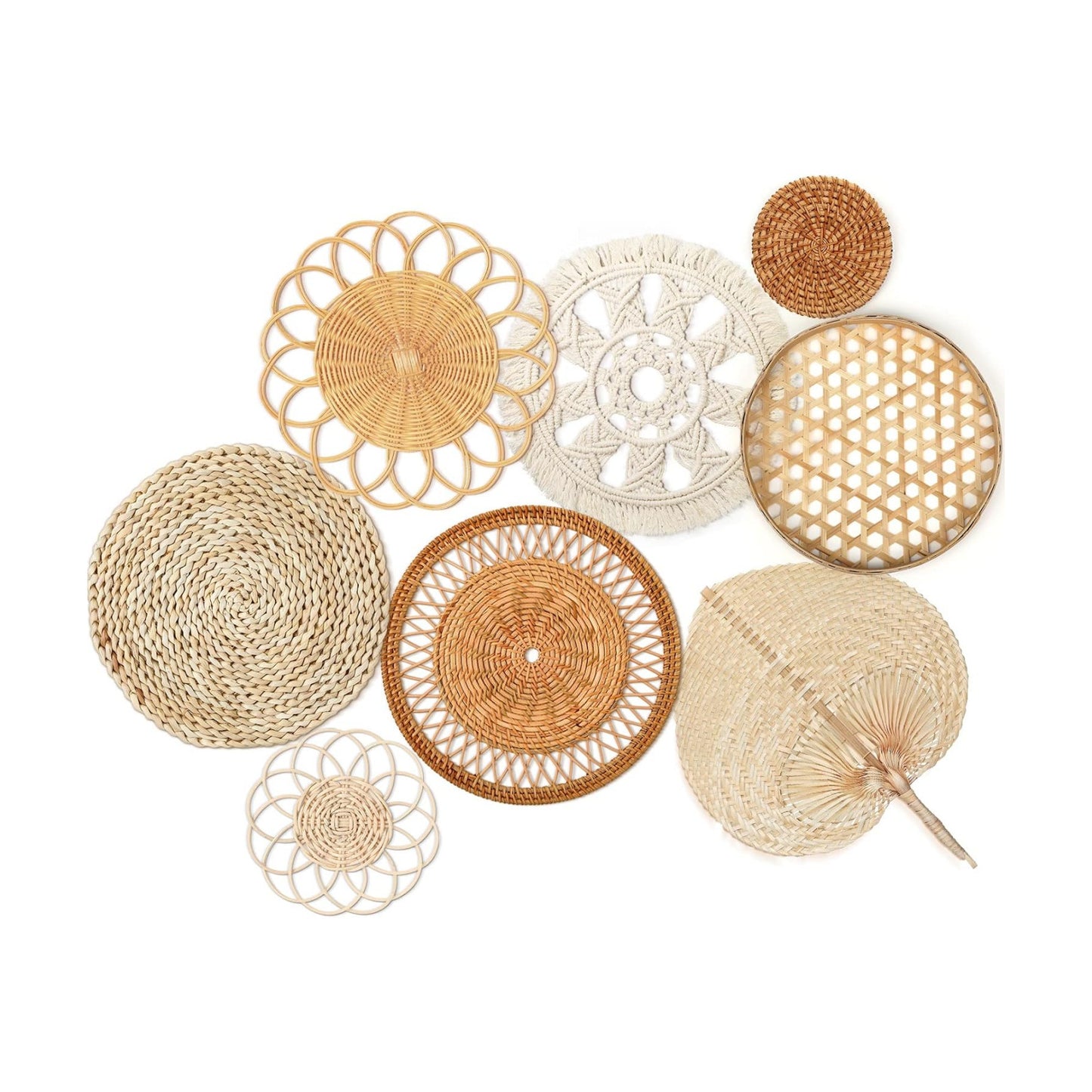 Boho Wall Basket Decor Woven Rattan Flat Baskets Round Handmade Wicker Bamboo Hanging / Set of 8