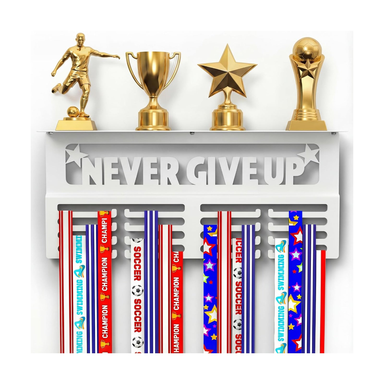 AGATHOS HOME Medal Hanger Display with Trophy Shelf - Metal Awards Rack for Walls Holds 64+ Sports Medals- Our Never