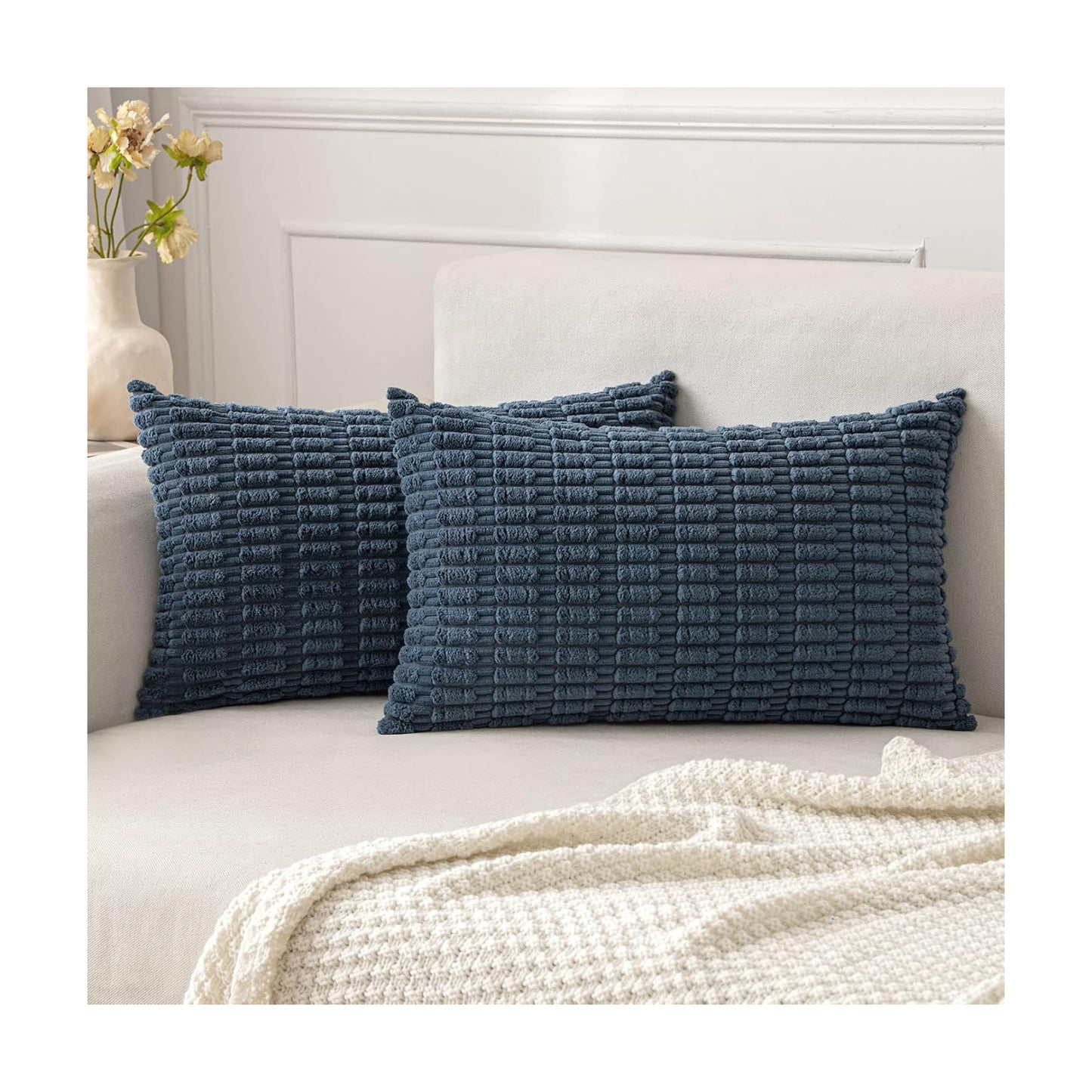 MIULEE Lumbar Corduroy Decorative Throw Pillow Covers 12x20 Blue Pack of 2