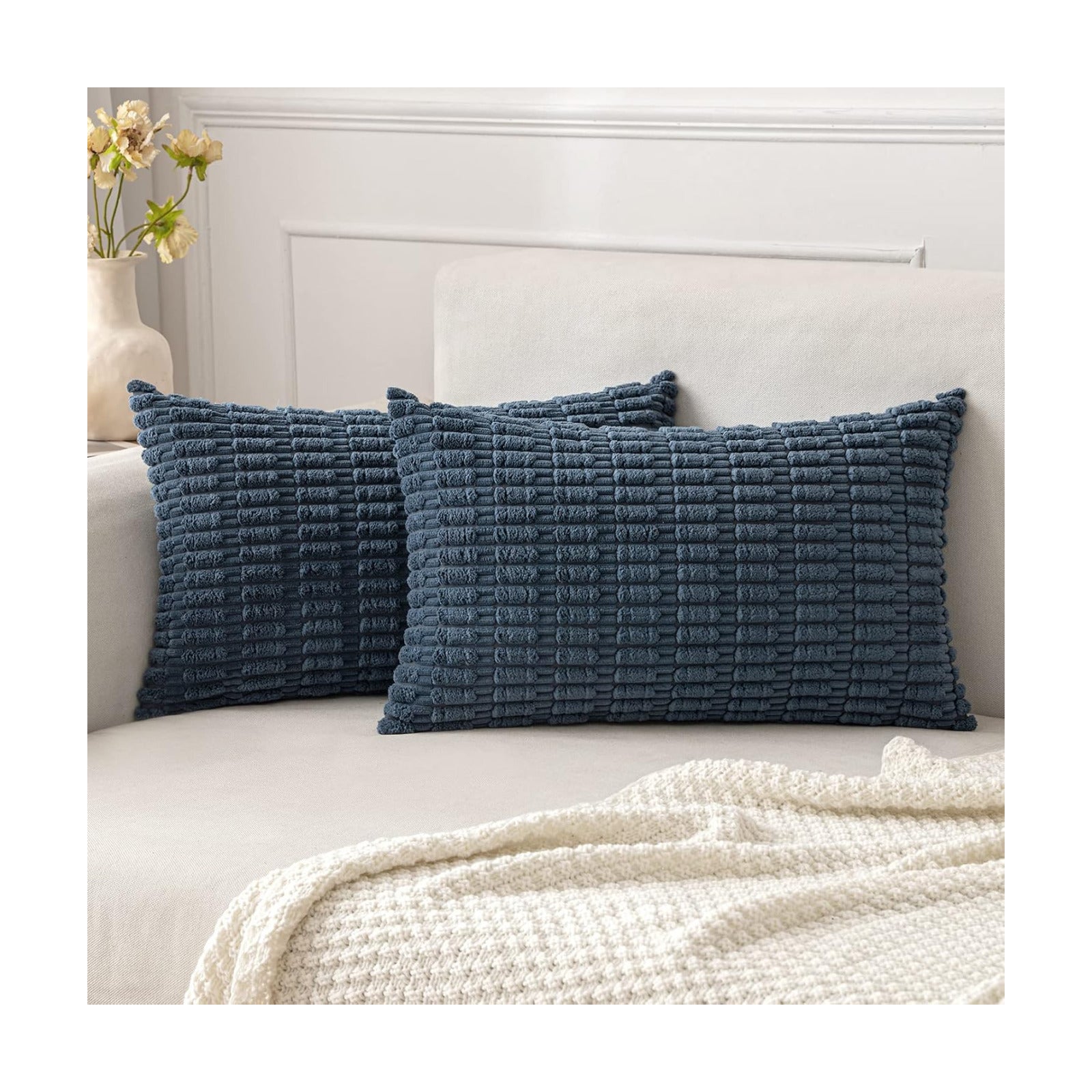 MIULEE Lumbar Corduroy Decorative Throw Pillow Covers 12x20 Blue Pack of 2