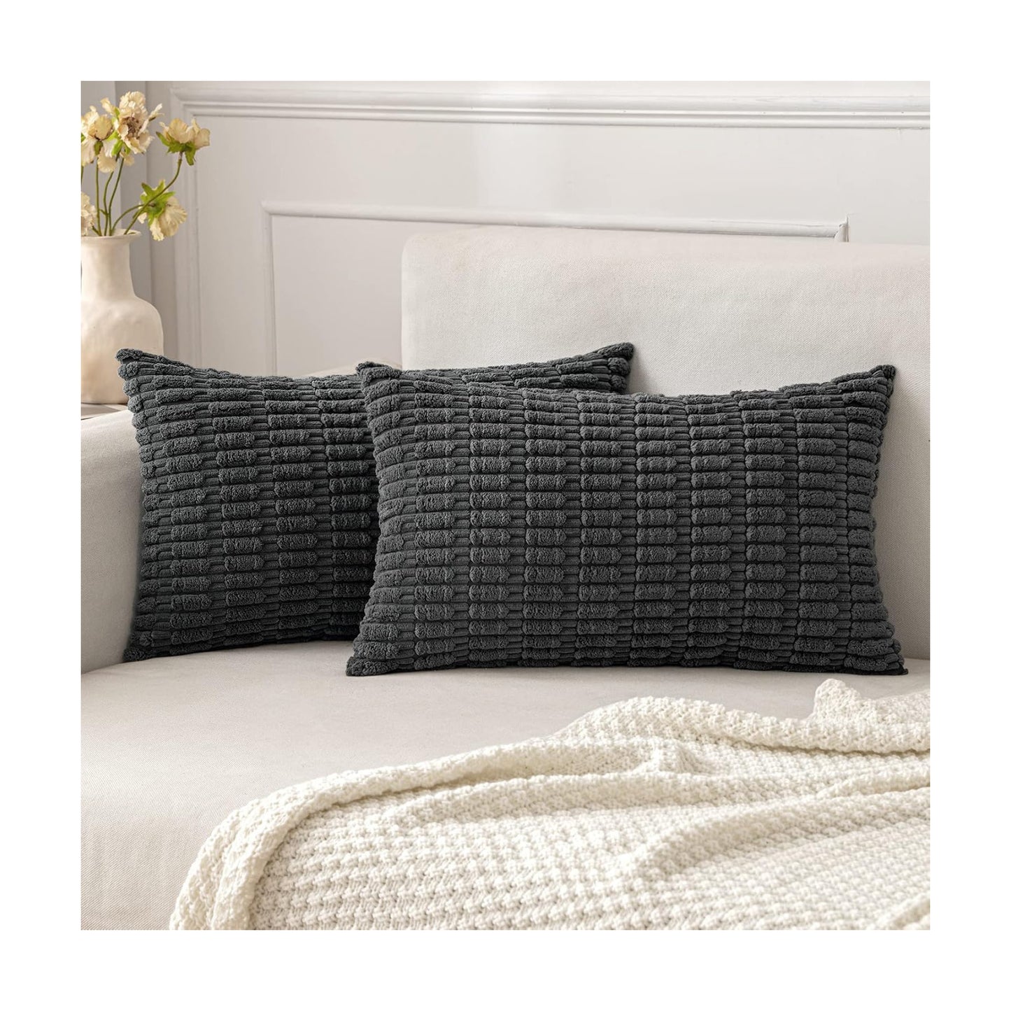 MIULEE Lumbar Corduroy Decorative Throw Pillow Covers 12x20 Dark Grey