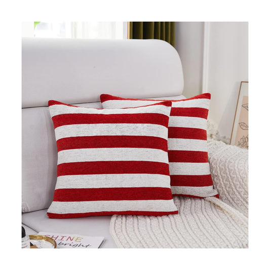 Soft Chenille Decorative Patriotic Throw Pillow Covers July / Red White Stripe / 18 x 18 / Set of 2
