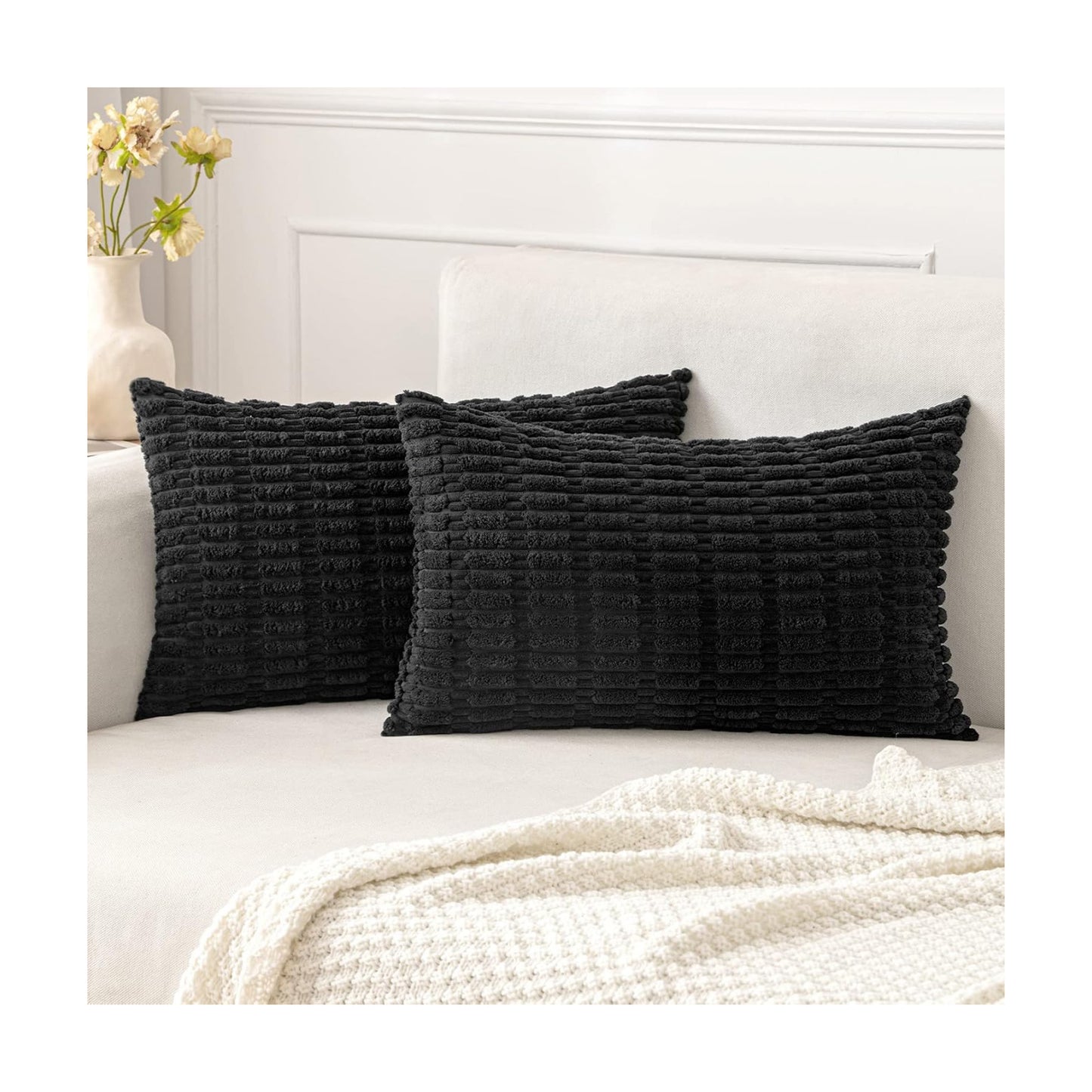 MIULEE Lumbar Corduroy Decorative Throw Pillow Covers 12x20 Black Pack of 2