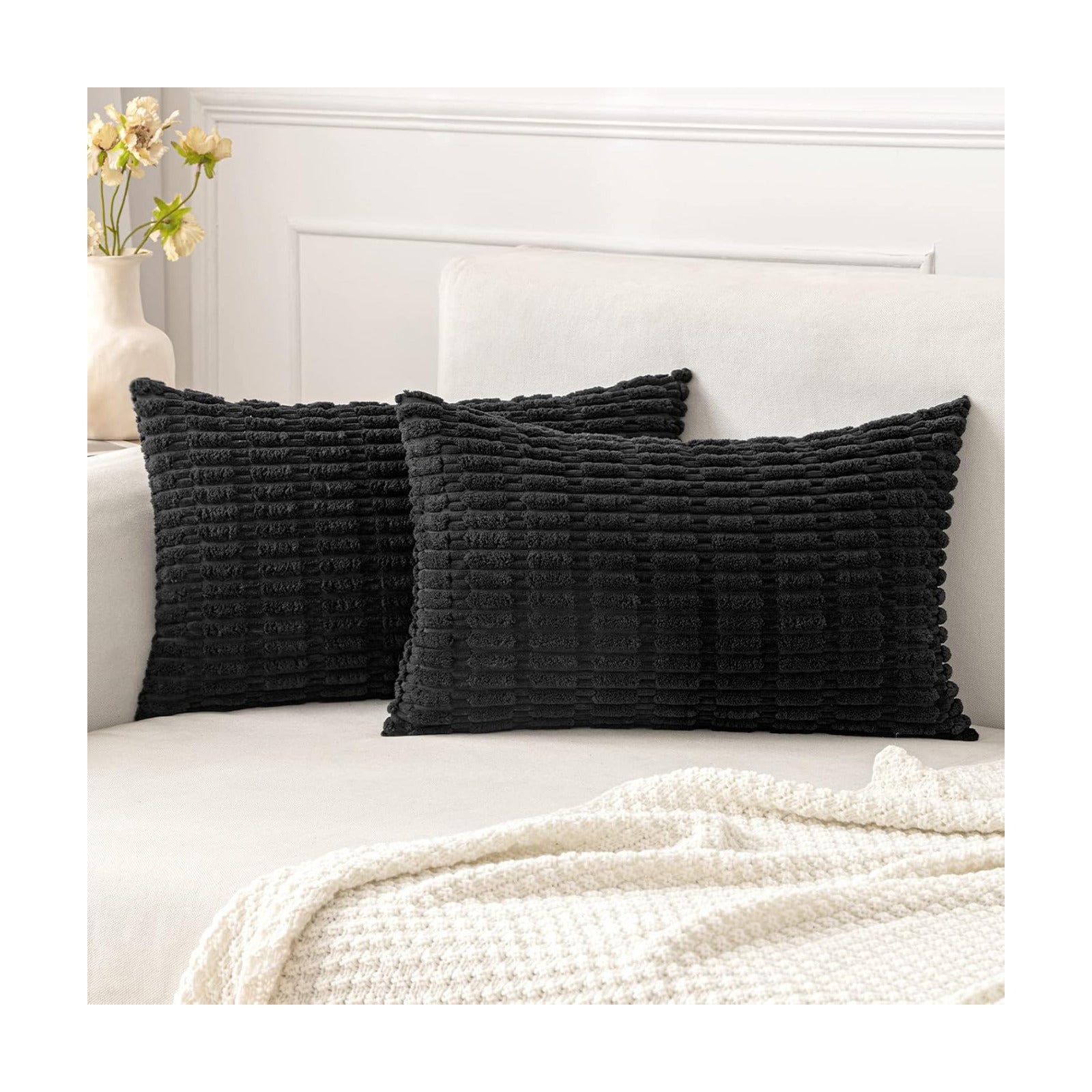 MIULEE Lumbar Corduroy Decorative Throw Pillow Covers 12x20 Black Pack of 2