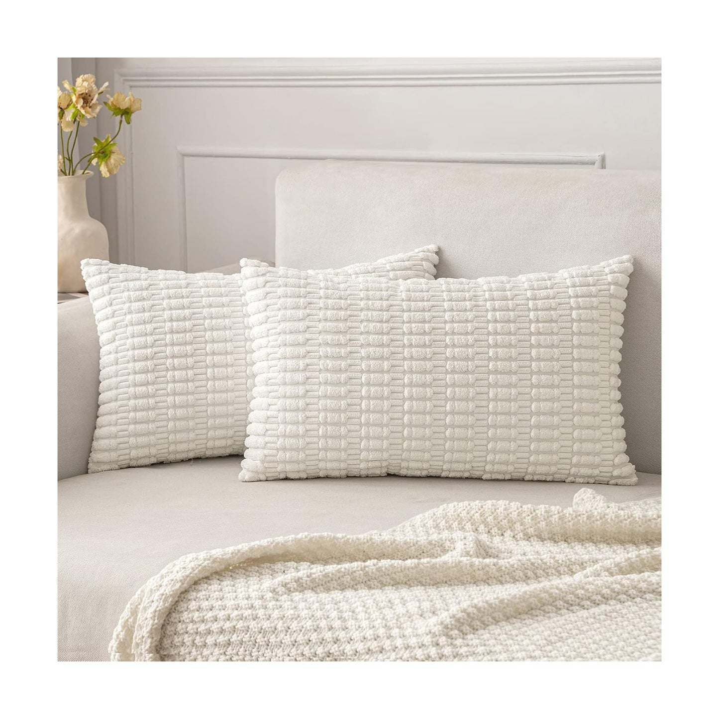 MIULEE Lumbar Corduroy Decorative Throw Pillow Covers 12x20 Pure White