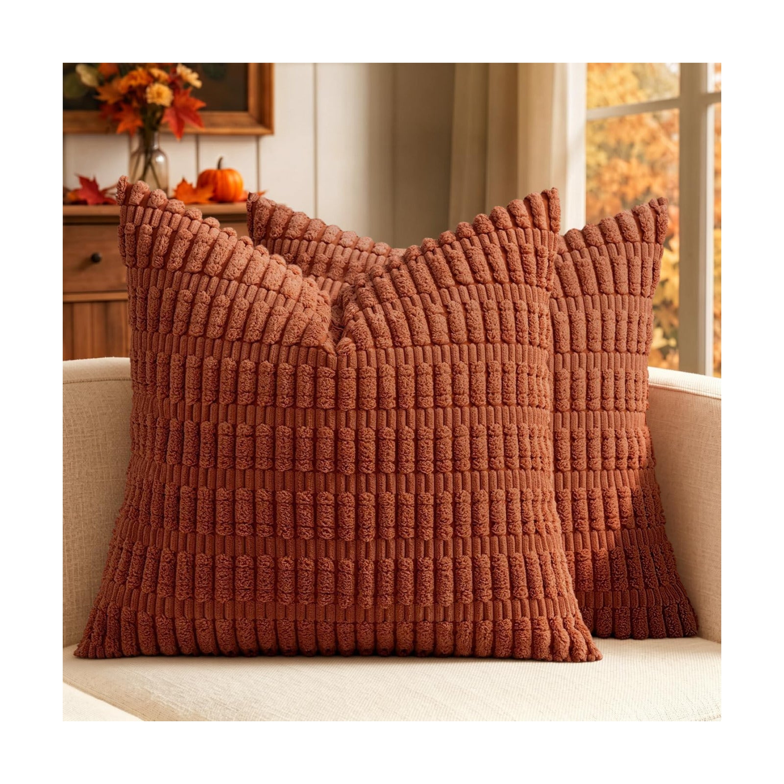 MIULEE Fall Corduroy Decorative Throw Pillow Covers 16x16 Rust Pack of 2