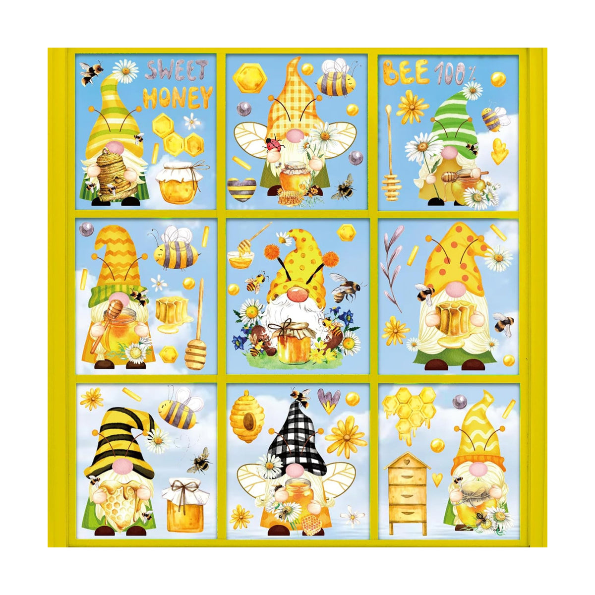 Whaline 9 Sheets Bee Gnome Window Clings Summer Floral Honeycomb PVC Window Stickers for Summer Home Room Classroom Decor Party Supplies