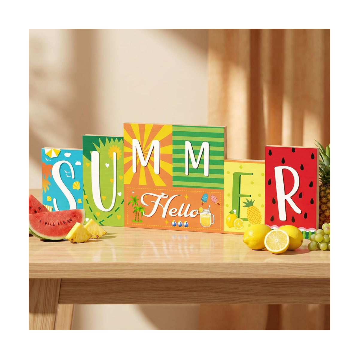 Hello Summer Table Decor Beach Party Centerpiece Wooden Sign for Home Office Indoor Outdoor Tiered Tray Shelf