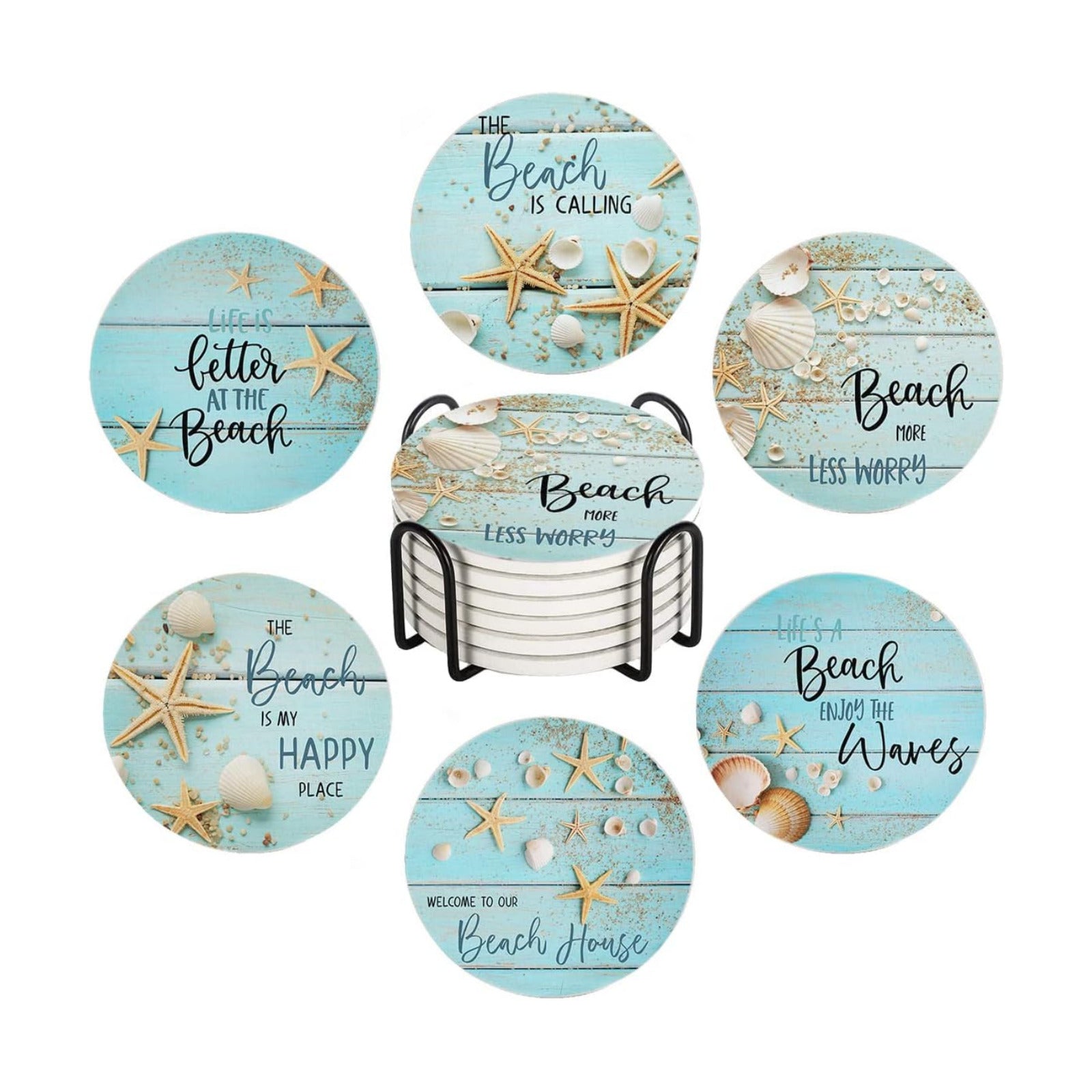 on Wooden Absorbent Ceramic Coaster / Round / Seashells Starfish / Blue / Set of 6