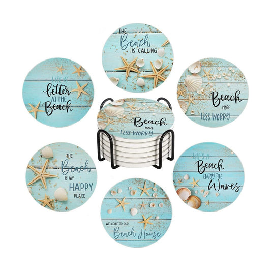 on Wooden Absorbent Ceramic Coaster / Round / Seashells Starfish / Blue / Set of 6