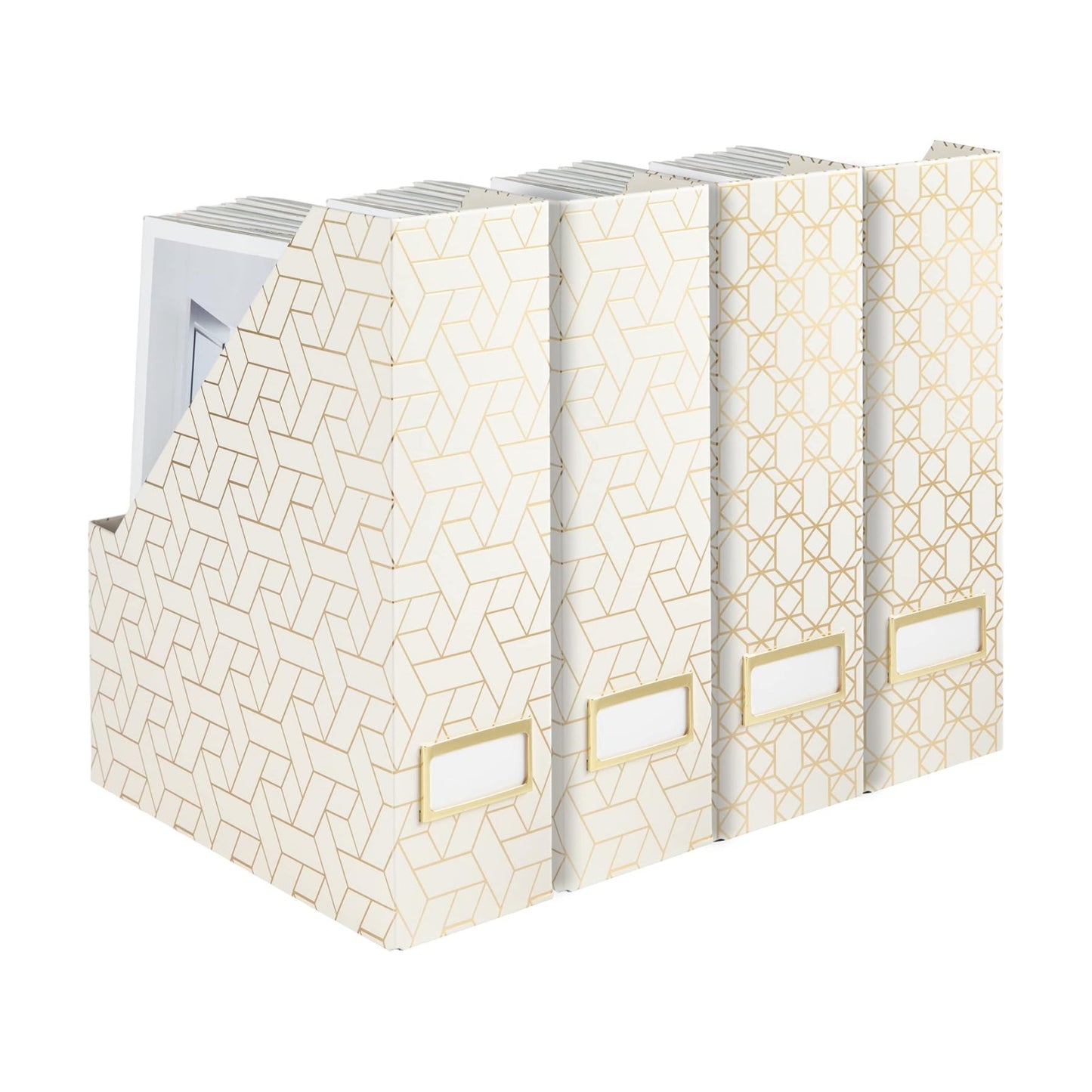 BLU MONACO | Cardboard Magazine File Holder Set of 4 | Vertical Magazine File Holder for Desk and Shelves | Cream Gold