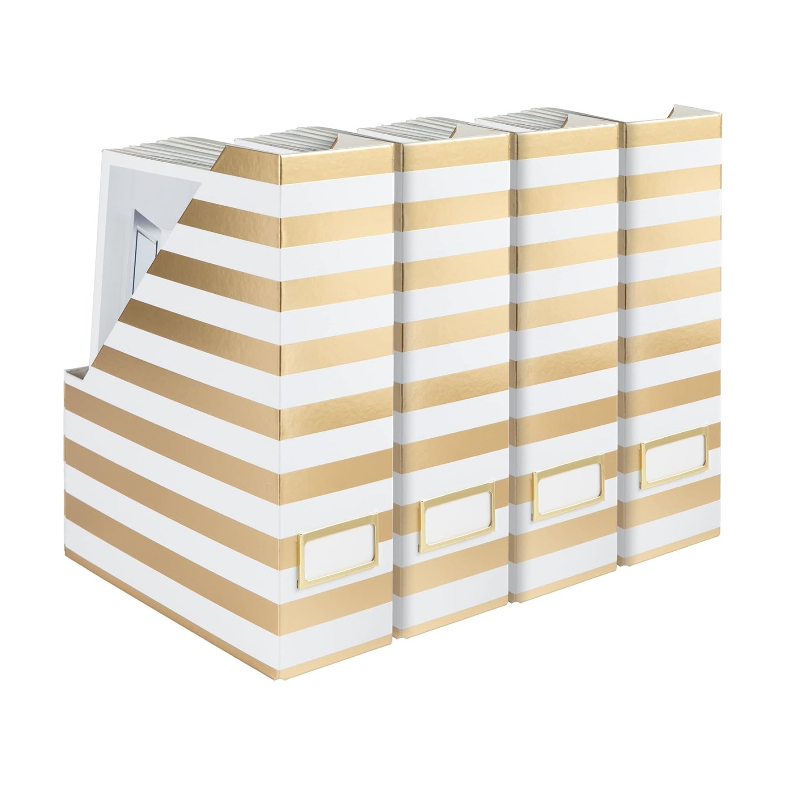 BLU MONACO | Cardboard Magazine File Holder Set of 4 Gold White Stripes | Vertical Magazine File Holder with Label