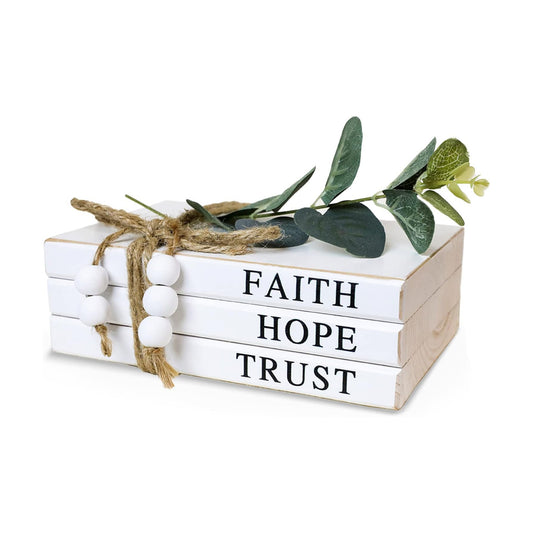 Wooden Decorative Books / Faith, Hope, Trust / White / Set of 3