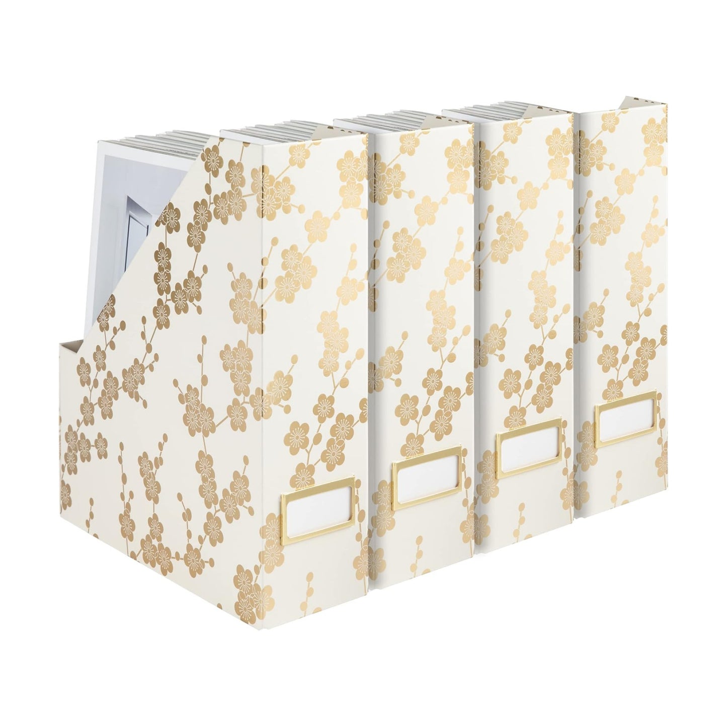 BLU MONACO | Set of 4 Foldable Magazine Storage Boxes with Gold Floral Pattern | Decorative Vertical File Organizers