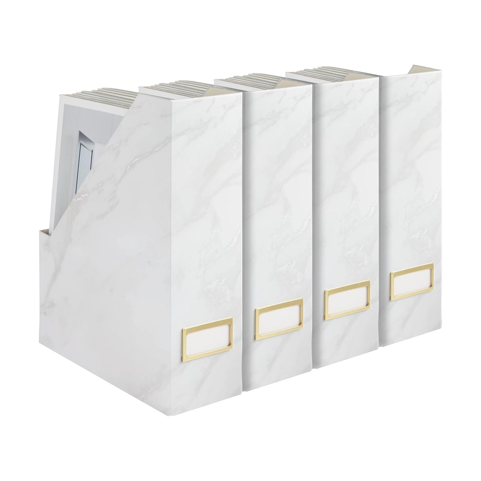 BLU MONACO Set of 4 Magazine Holders | White Marble Design with Gold Label Holders | Foldable File Organizer Boxes for