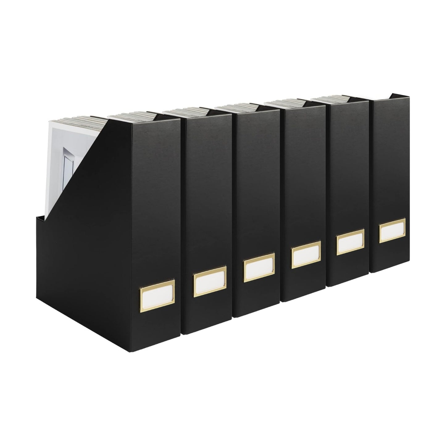 BLU MONACO | Cardboard Magazine File Holder Set of 6 Black | Vertical Magazine File Holder with Gold Label Slots