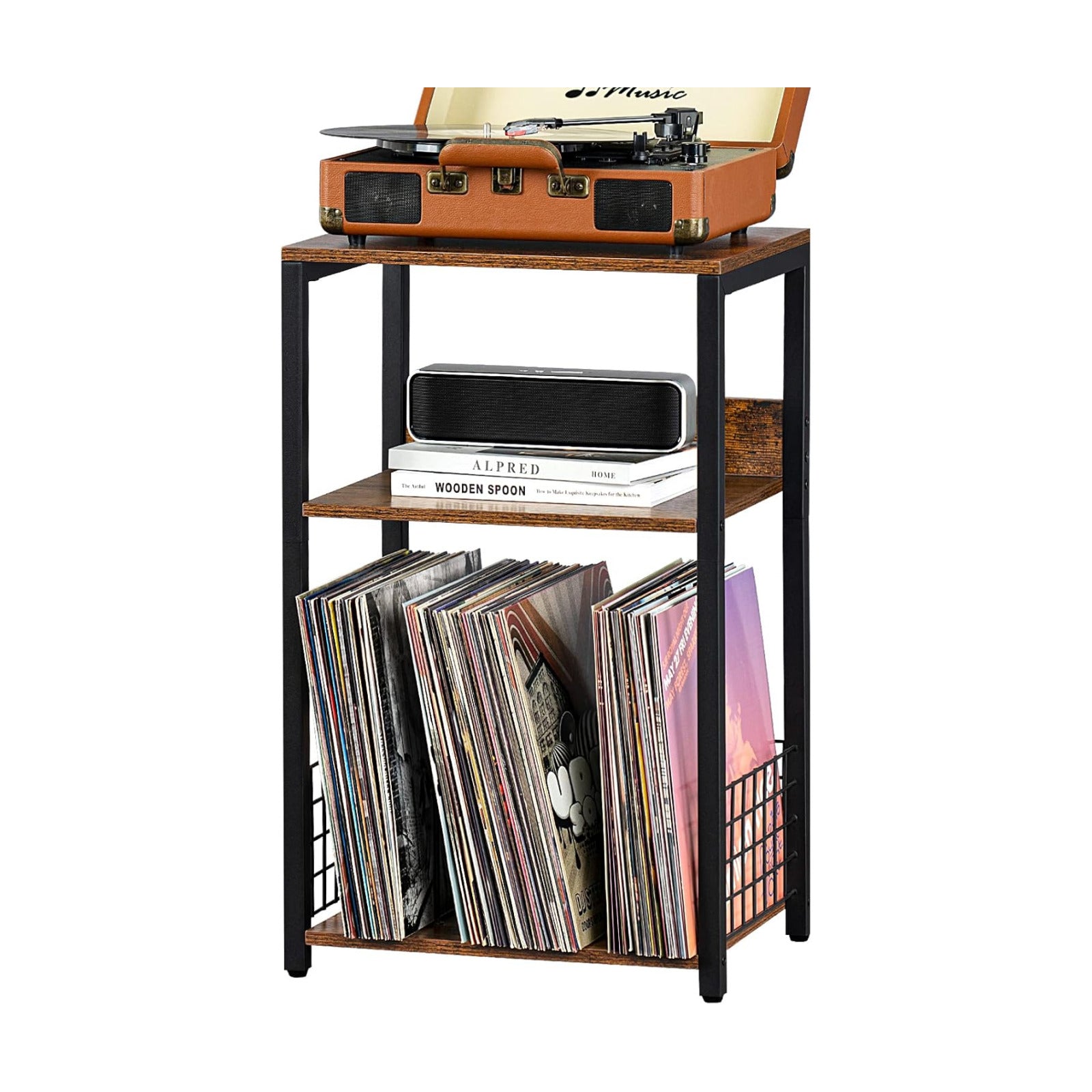 3 Tier End Table,Record Player Stand with Storage Up to 100 Albums,Turntable Stand for Vinyl,Brown Records Shelf for