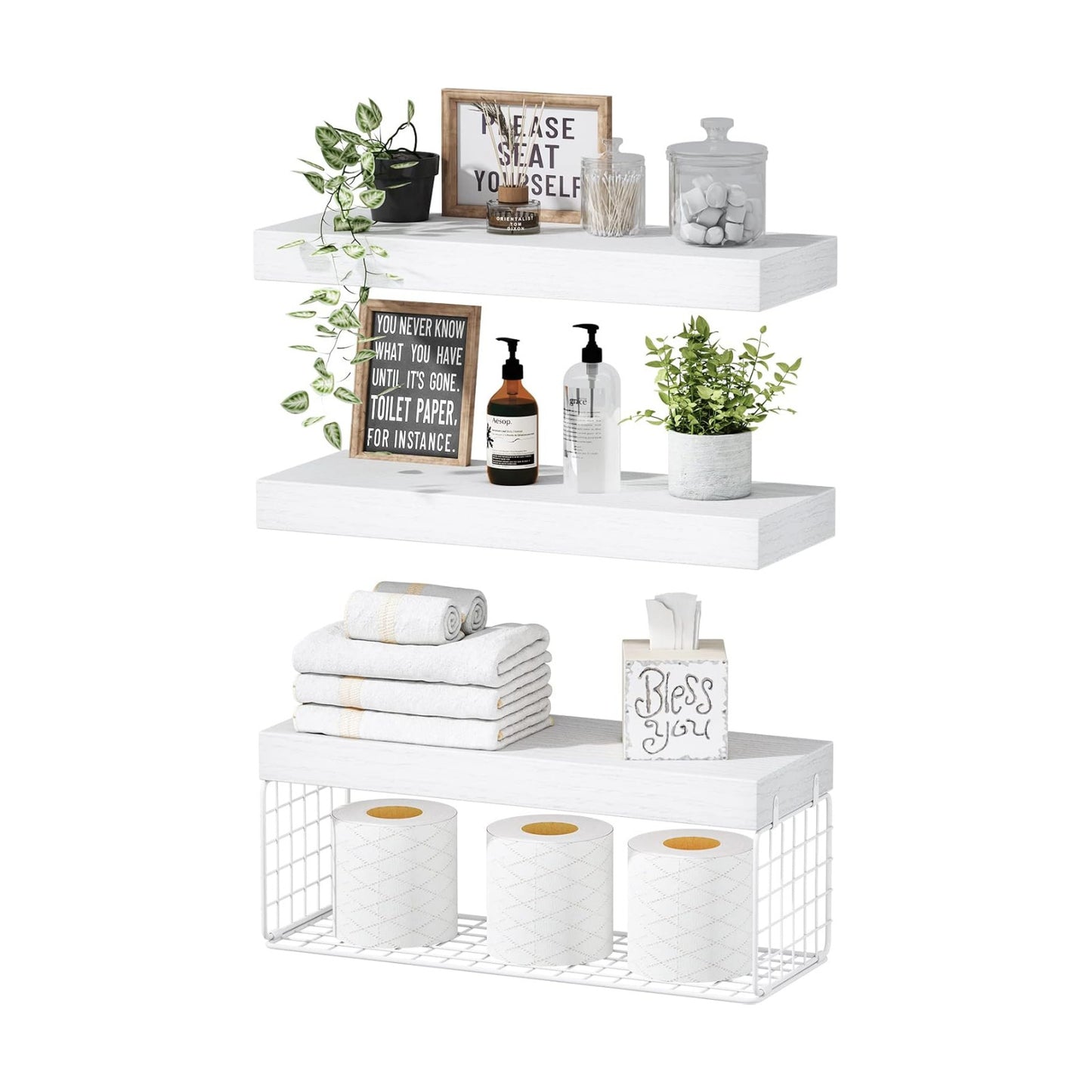 QEEIG Bathroom Shelves Over Toilet - Wall Mounted Floating Shelves Toilet Paper Storage Small Farmhouse Decor Shelf 16