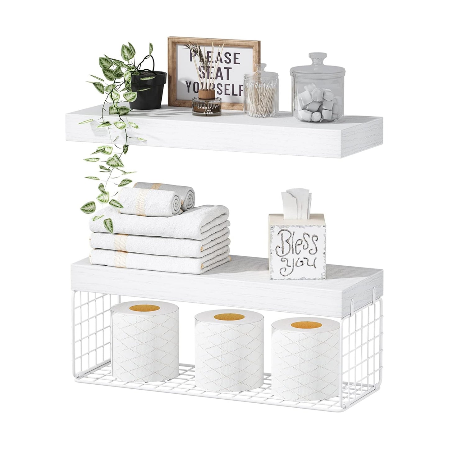 QEEIG White Bathroom Shelves Over Toilet - Wall Mounted Floating Shelves Farmhouse Shelf Toilet Paper Storage Small 16