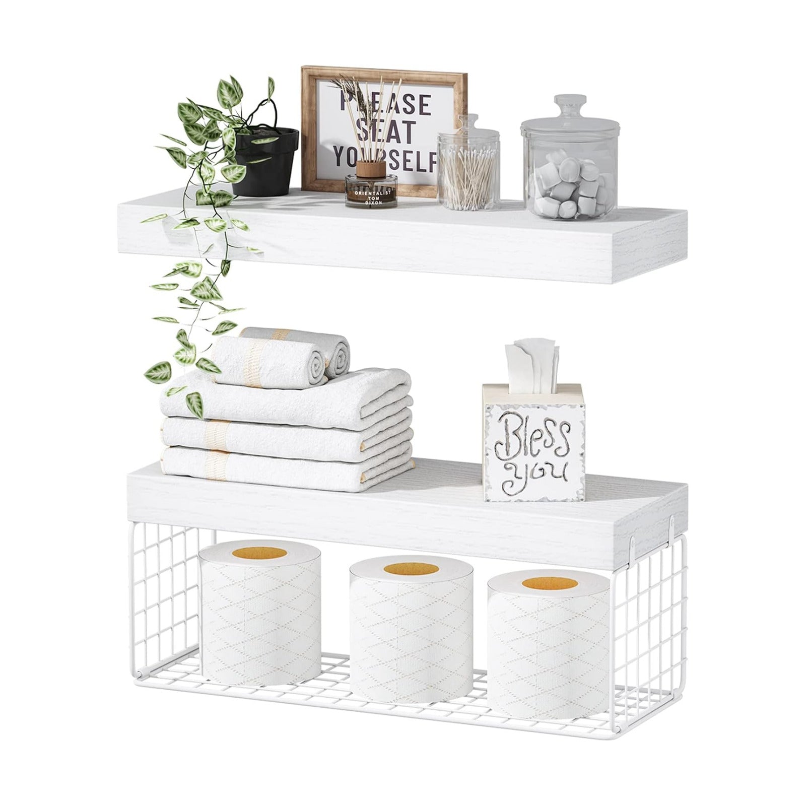 QEEIG White Bathroom Shelves Over Toilet - Wall Mounted Floating Shelves Farmhouse Shelf Toilet Paper Storage Small 16